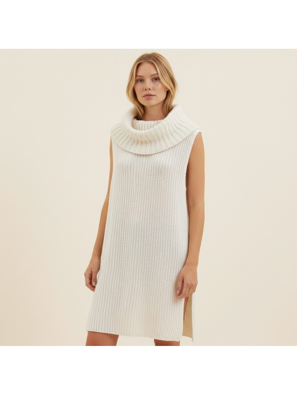 Free People Sweater Dress Women S Small Beige Knit Short Cowl Neck Sleeveless